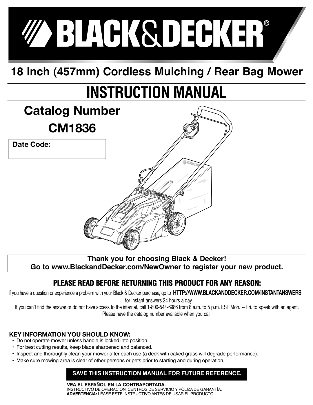 Black & Decker CM1836R instruction manual Instructionmanual, Please Read Before Returning this Product for ANY Reason 