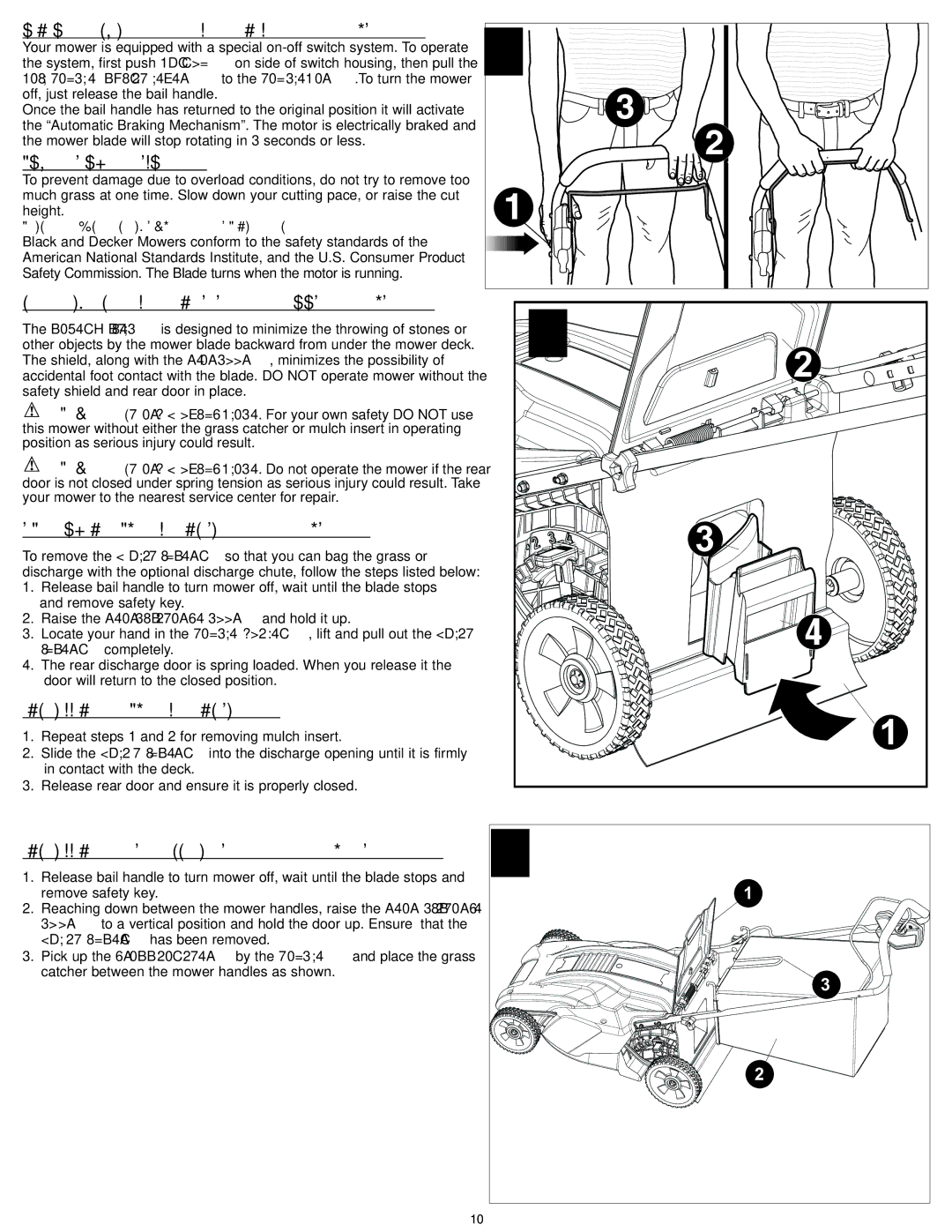 Black & Decker CM 1836, CM1836R ON-OFF Switch Bail Handle Figure H, Mower Overload, Safety Shield and Rear Door Figure 