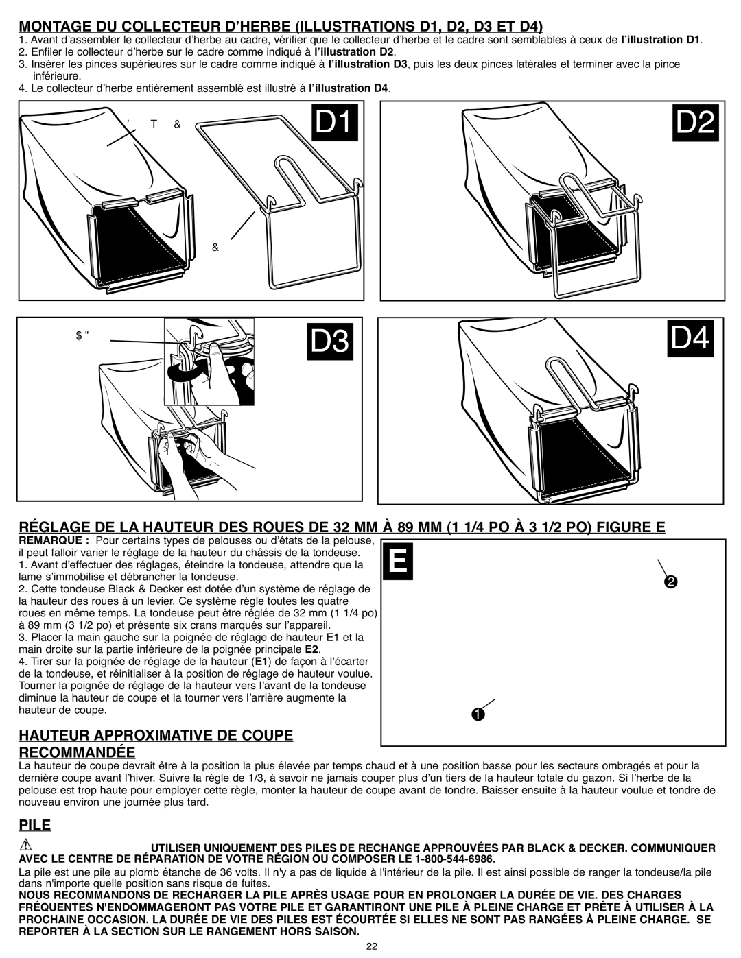 Black & Decker CM 1836 Réglage DE LA Hauteur DES Roues DE 32 MM, 89 MM 1 1/4 PO À 3 1 /2 PO Figure E, Recommandée, Pile 