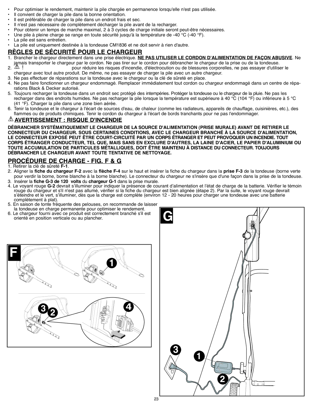 Black & Decker CM1836R, CM 1836 instruction manual Règles DE Sécurité Pour LE Chargeur, Procédure DE Charge FIG. F & G 