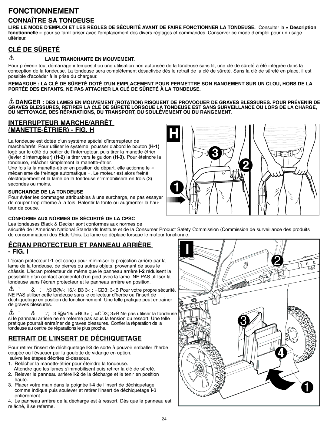 Black & Decker CM 1836, CM1836R Fonctionnement, Connaître SA Tondeuse, CLÉ DE Sûreté, Manette-Étrier Fig. H 