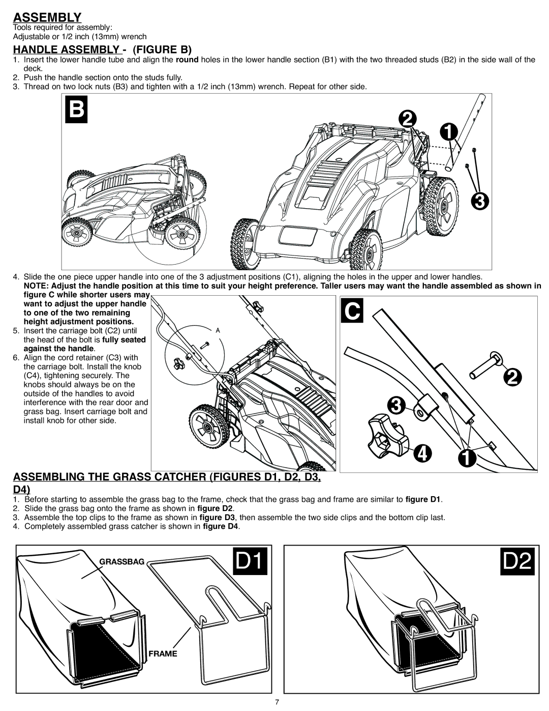 Black & Decker CM1836R Handle Assembly Figure B, Assembling the Grass Catcher Figur ES D 1, D2, D3, Against the handle 