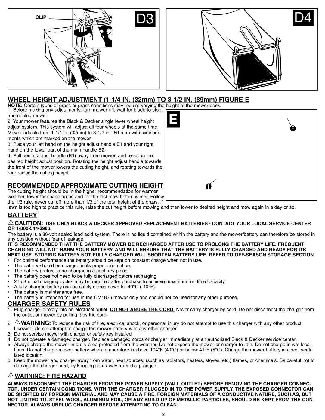 Black & Decker CM 1836 Wheel Height Adjustment 1-1/4 in mm to 2 in mm Figure E, Recommended Approximate Cutting Height 