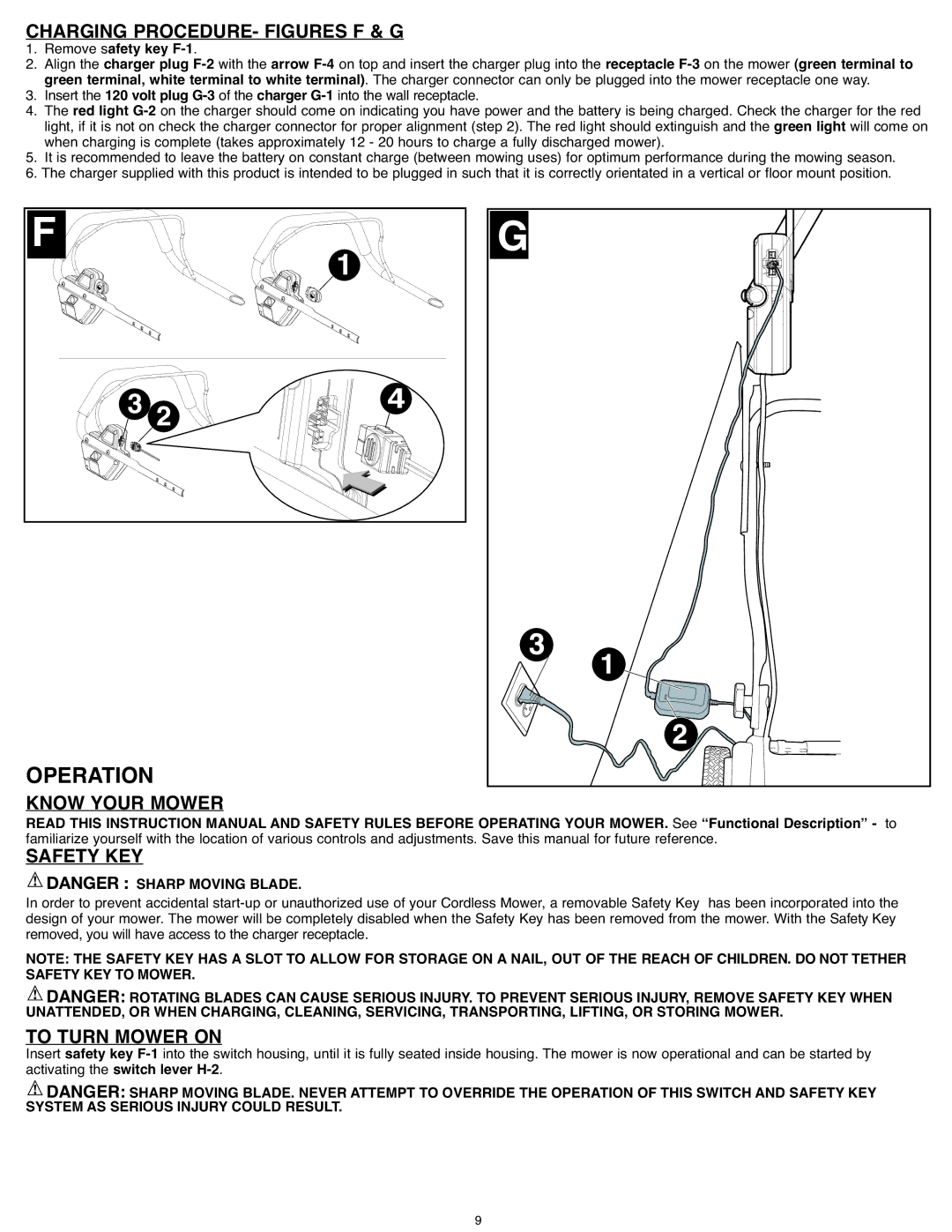 Black & Decker CM1836R, CM 1836 Operation, Charging PROCEDURE- Figures F & G, Know Your Mower, To Turn Mower on 