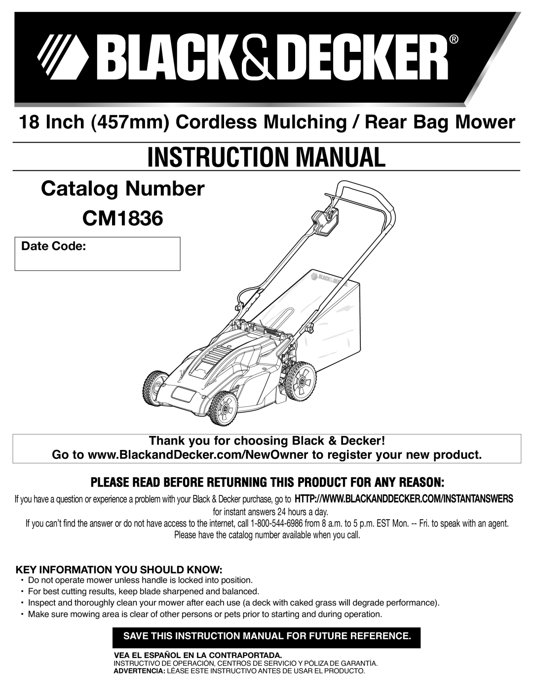 Black & Decker CM1836R instruction manual Instructionmanual, Catalog Number CM1836, Thank youforchoosing Black & Decker 