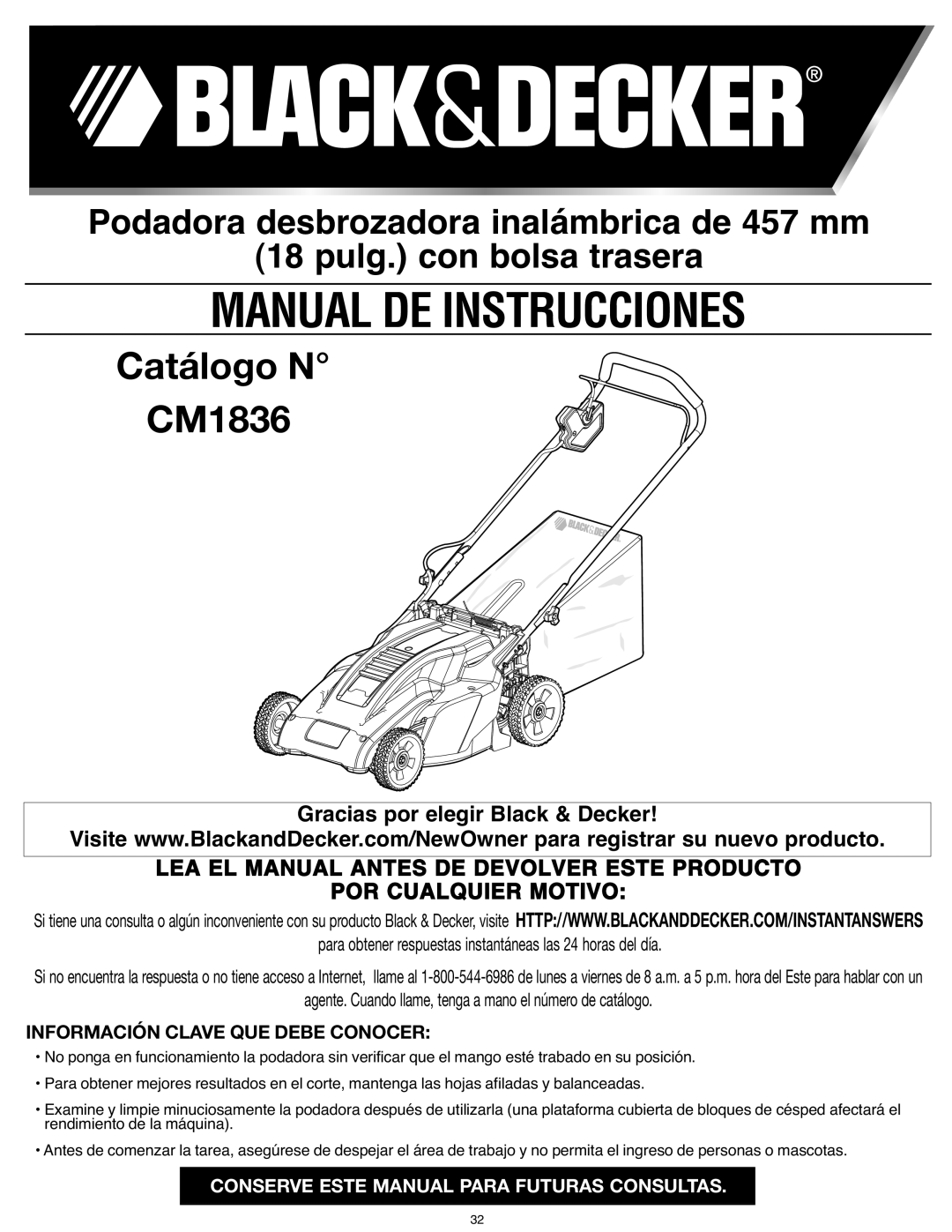 Black & Decker CM 1836, CM1836R Manual De Instrucciones, Catálogo N CM1836, Podadora desbrozadora inalámbrica de 457 mm 