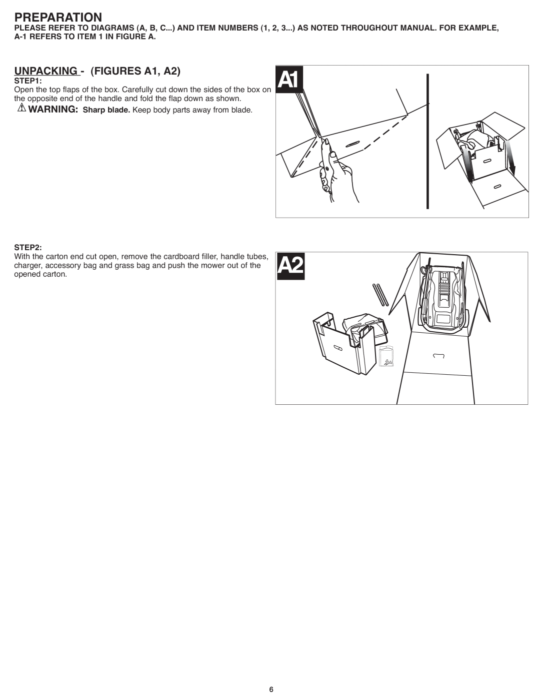 Black & Decker CM 1836, CM1836R instruction manual Preparation, UNPACKING - FIGURES A1, A2 