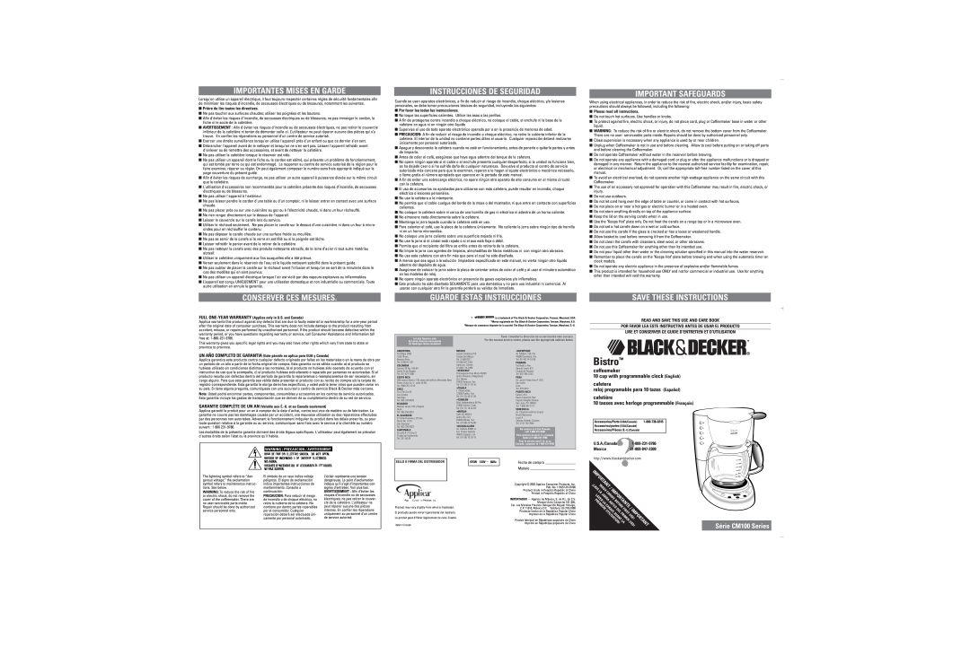Black & Decker CM100 warranty Importantes Mises En Garde, Conserver Ces Mesures, Instrucciones De Seguridad, Bistro, ¡Lave 
