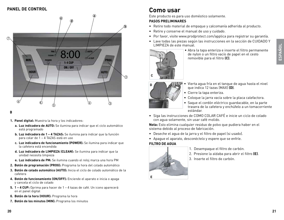 Black & Decker CM1010B manual Como usar, Pasos Preliminares, Filtro DE Agua 