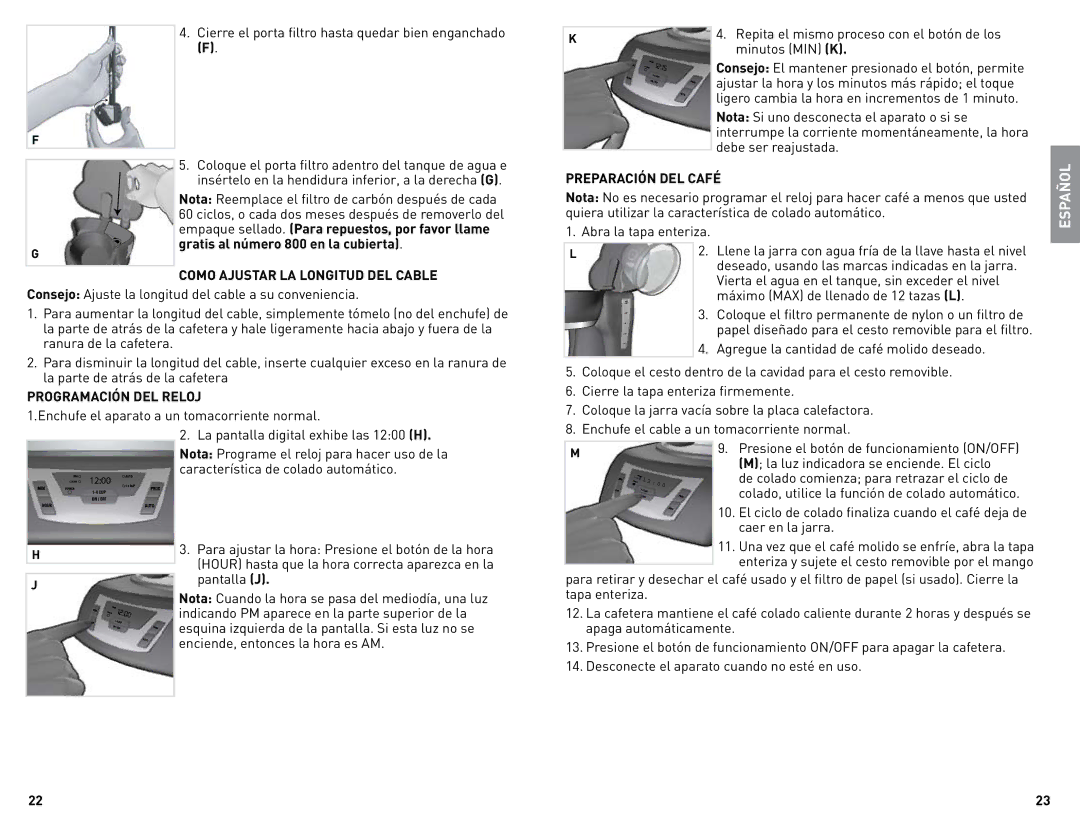 Black & Decker CM1010B manual Como Ajustar LA Longitud DEL Cable, Programación DEL Reloj, Preparación DEL Café 