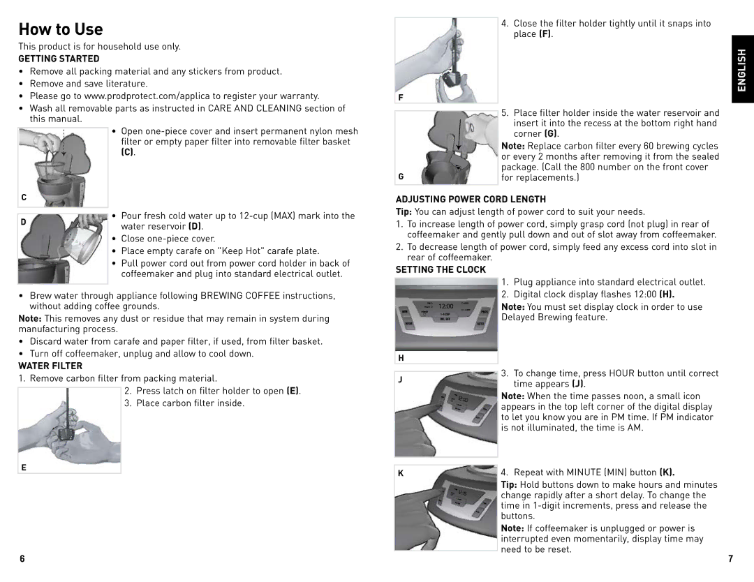 Black & Decker CM1010B manual How to Use, Getting Started, Adjusting Power Cord Length, Water Filter, Setting the Clock 