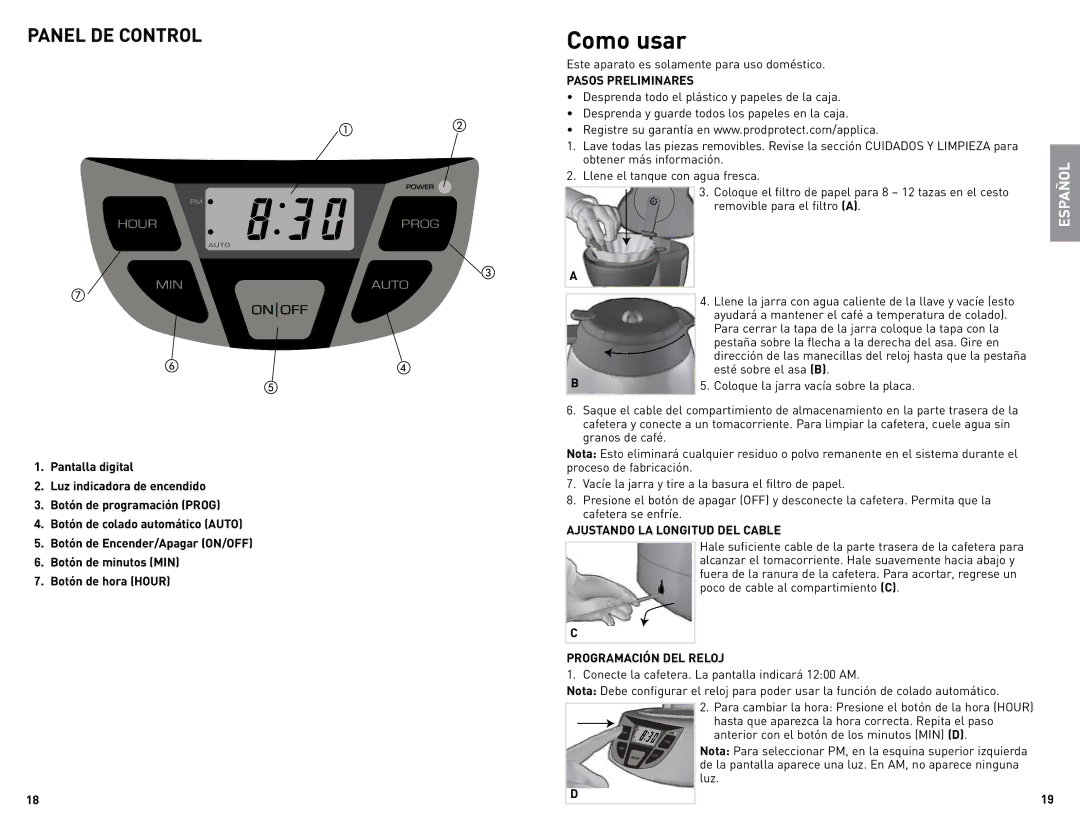 Black & Decker CM1509 manual Como usar, Panel DE Control, Pasos Preliminares, Ajustando LA Longitud DEL Cable 