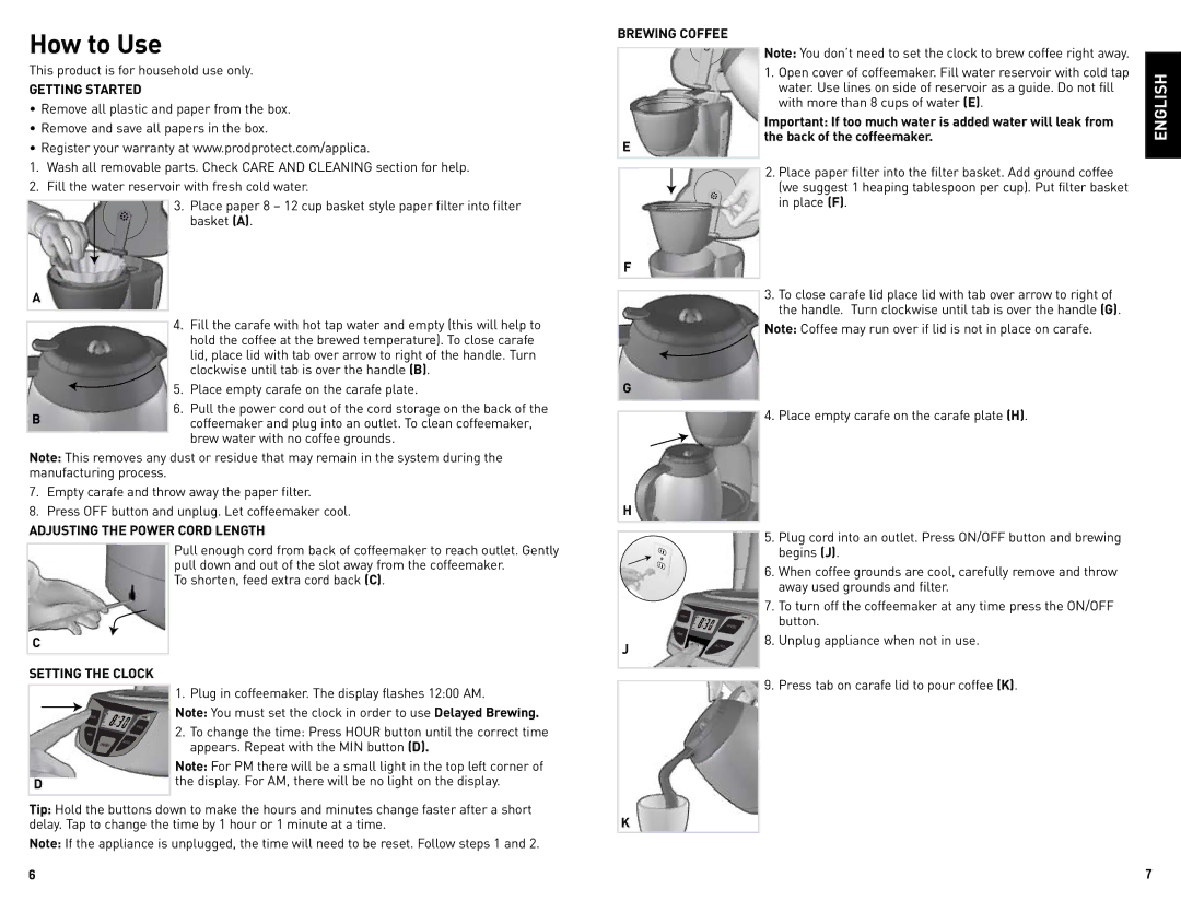 Black & Decker CM1509 manual How to Use, Getting Started, Adjusting the Power Cord Length Brewing Coffee, Setting the Clock 