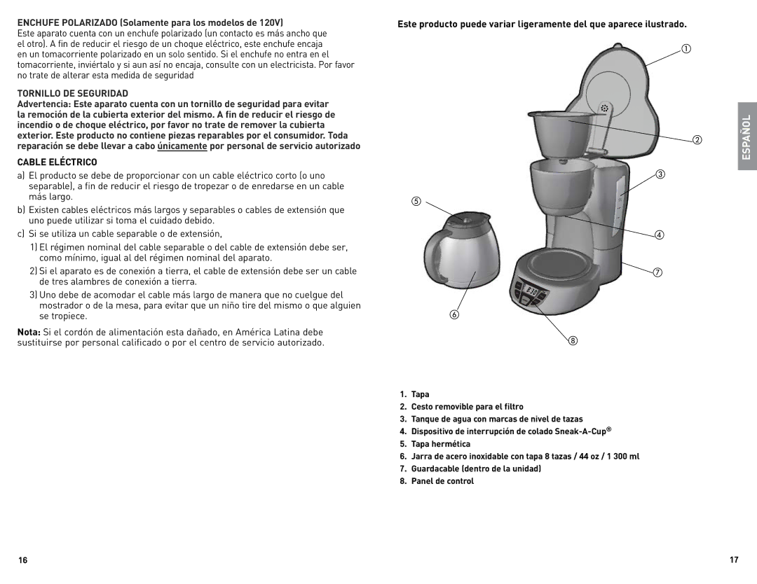 Black & Decker CM1509 manual Enchufe Polarizado Solamente para los modelos de, Cable Eléctrico 