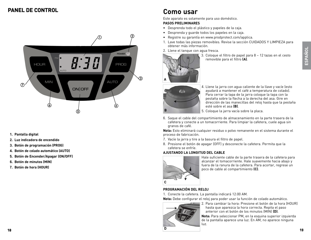 Black & Decker CM1509 manual Como usar, Panel De Control,   ,     