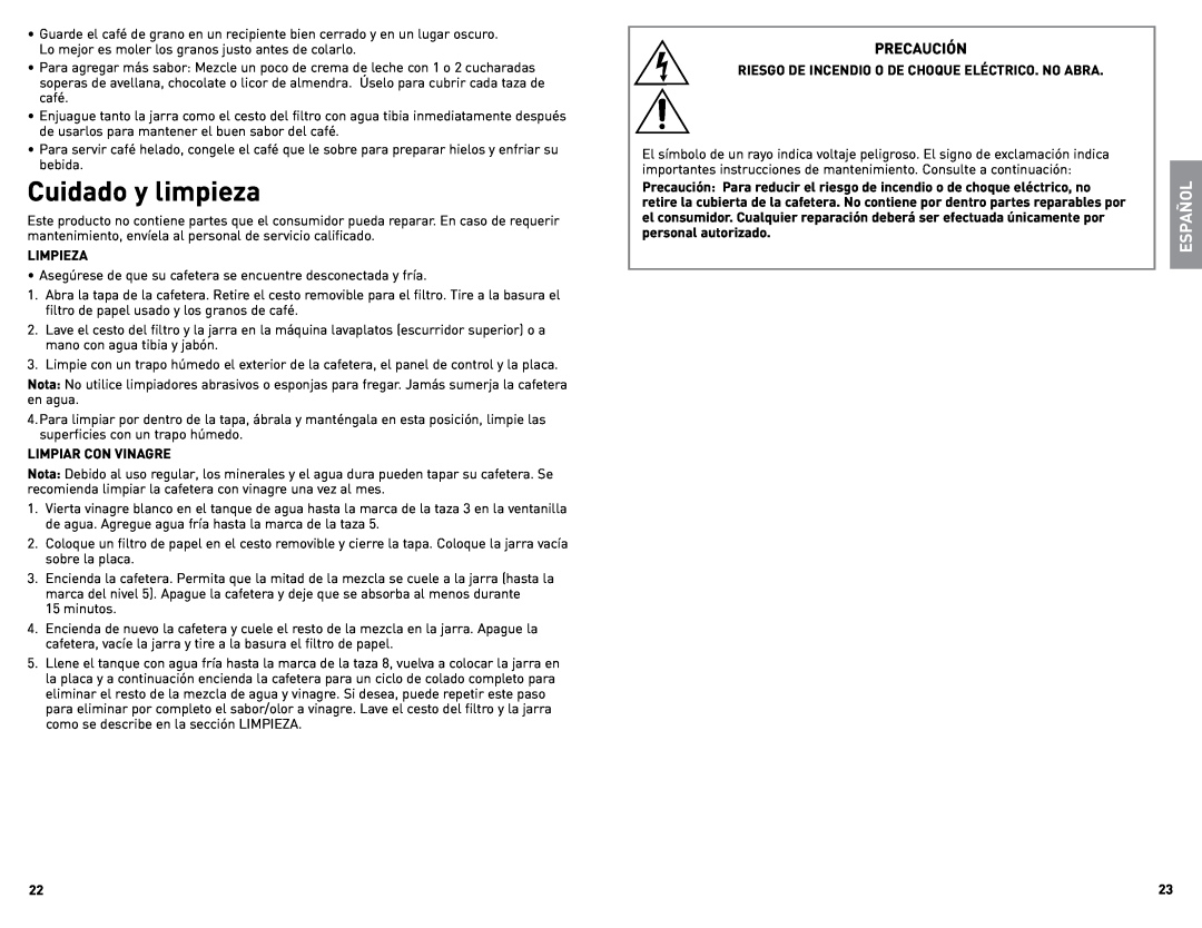 Black & Decker CM1509 manual Cuidado y limpieza, Español, Precaución 