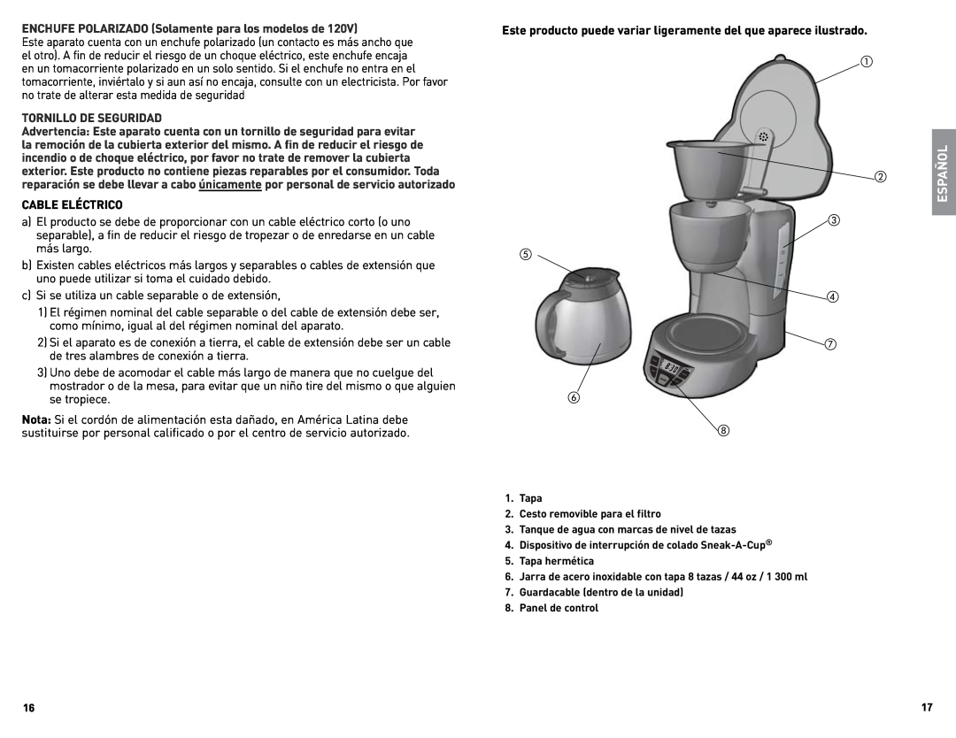 Black & Decker CM1509 Español, ENCHUFE POLARIZADO Solamente para los modelos de, Tornillo De Seguridad, Cable Eléctrico 