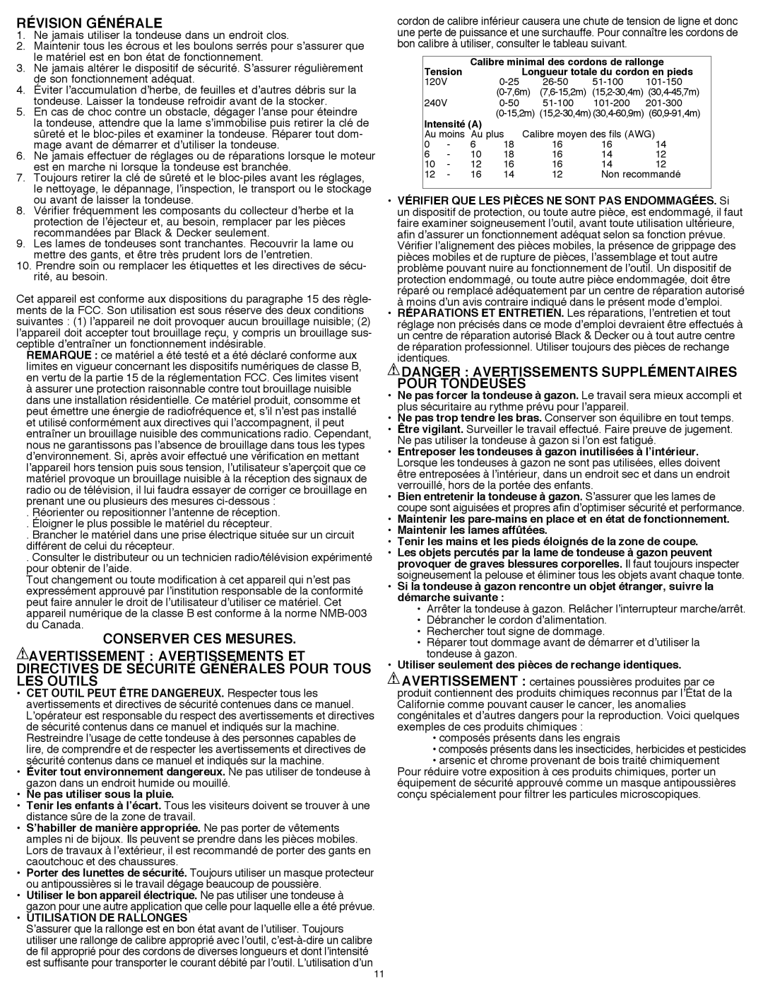 Black & Decker CM1640 instruction manual Révision Générale, Conserver ces mesures, Pour Tondeuses 