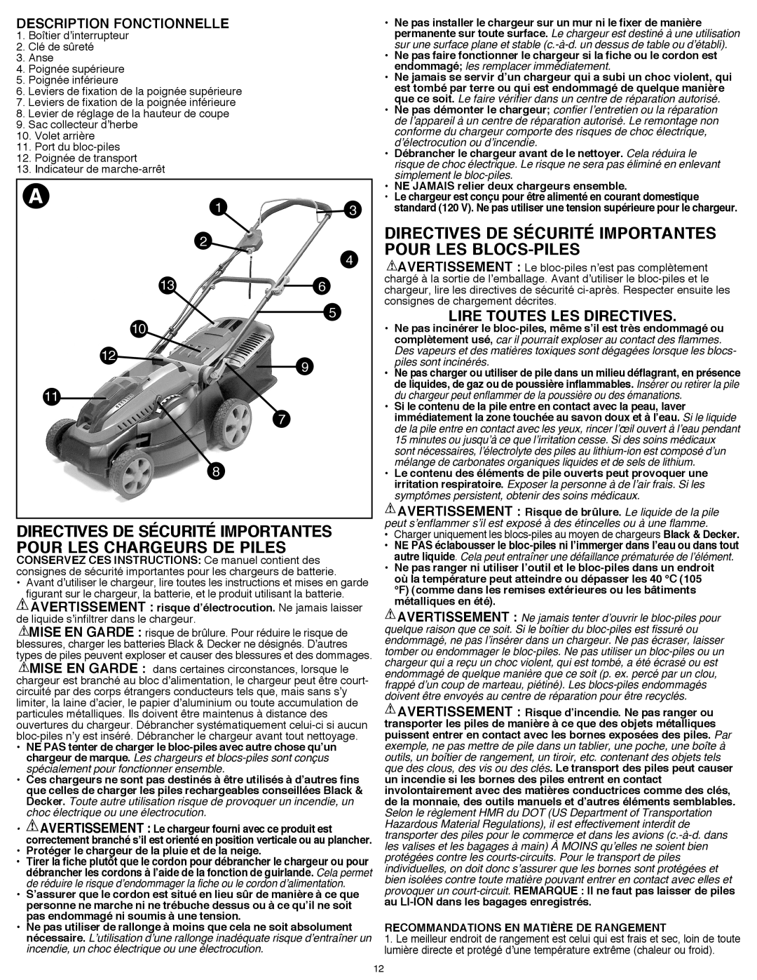 Black & Decker CM1640 instruction manual Lire toutes les directives, Protéger le chargeur de la pluie et de la neige 