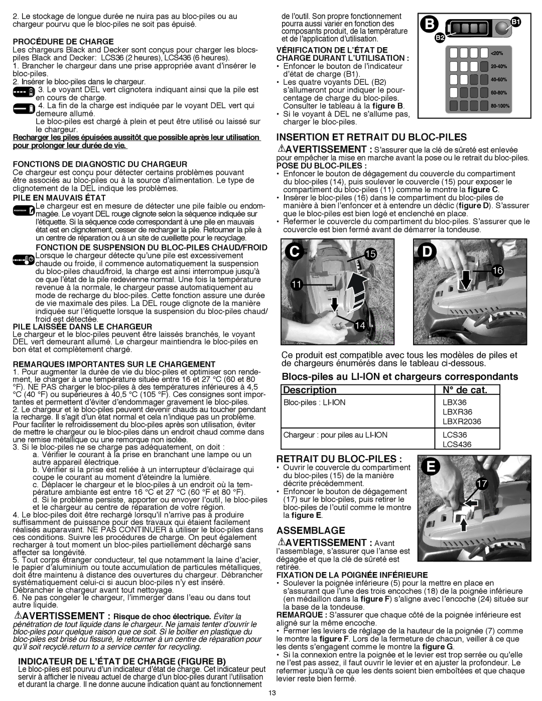 Black & Decker CM1640 instruction manual Insertion ET Retrait DU BLOC-PILES, Assemblage, Pose DU BLOC-PILES 