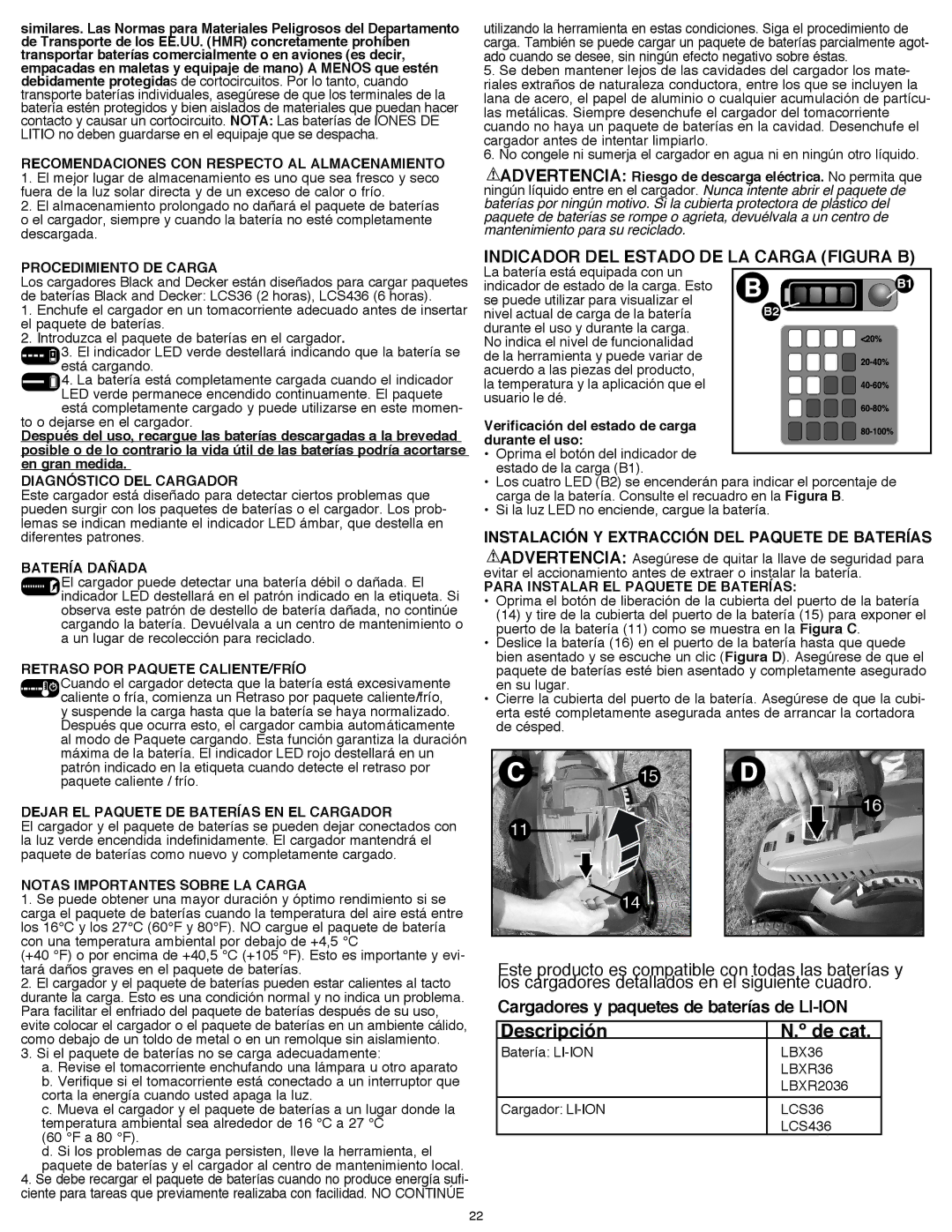 Black & Decker CM1640 instruction manual Descripción De cat, Cargadores y paquetes de baterías de LI-ION 