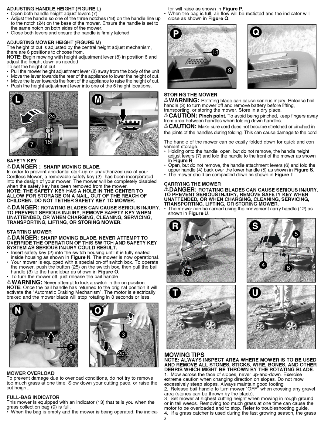 Black & Decker CM1640 Mowing Tips, Adjusting Handle Height Figure L, Adjusting Mower Height Figure M, Safety KEY 