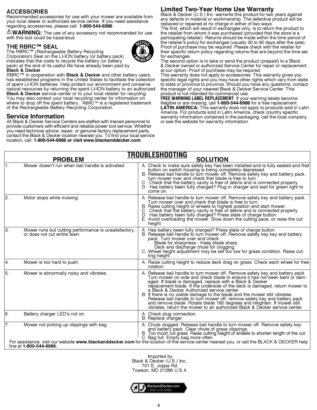 Black & Decker CM1640 instruction manual Problem, SoLUTION, Accessories, Rbrc Seal 