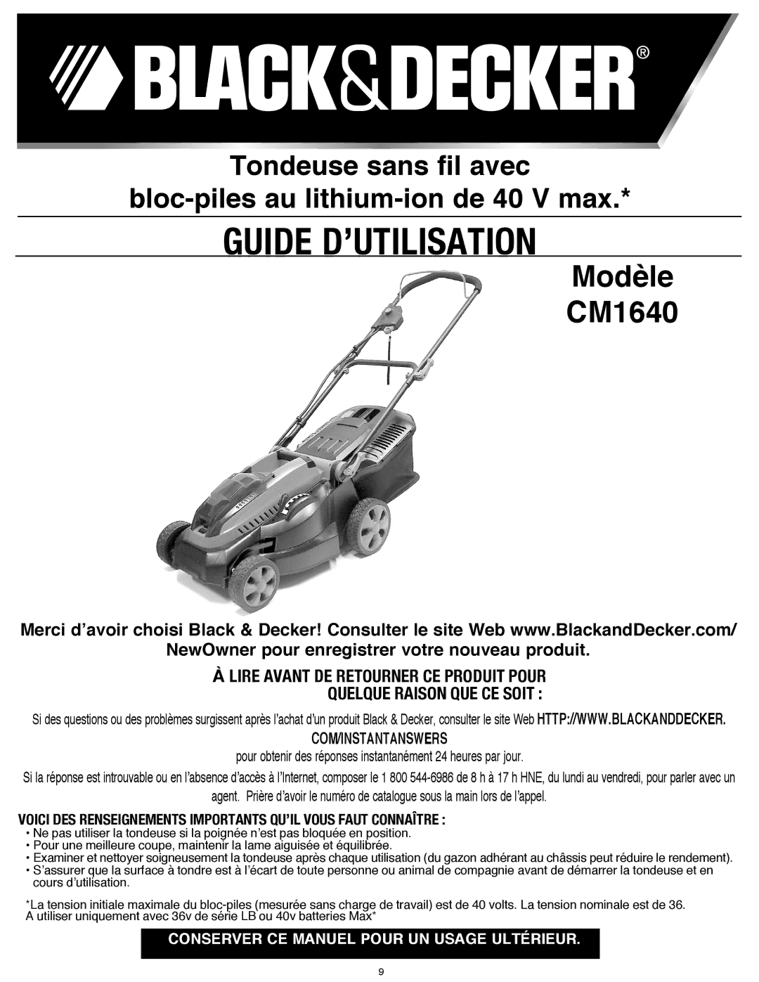 Black & Decker CM1640 instruction manual Guide D’UTILISATION 