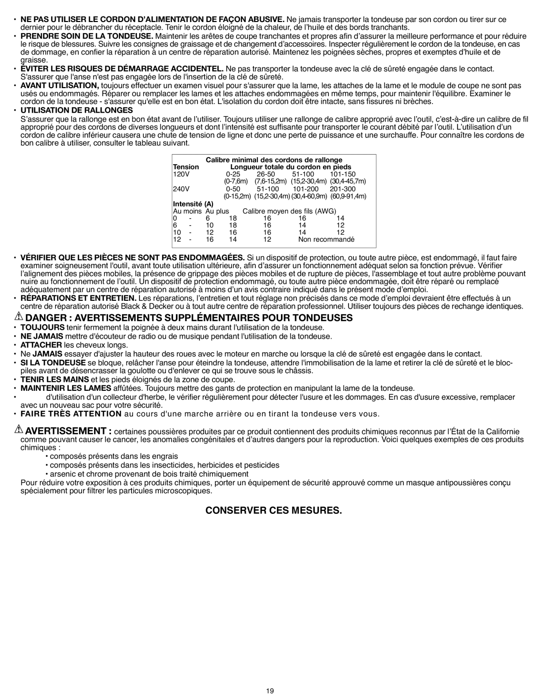 Black & Decker CM1936R Bon calibre à utiliser, consulter le tableau suivant, Autre pièce, est endommagé, il faut faire 