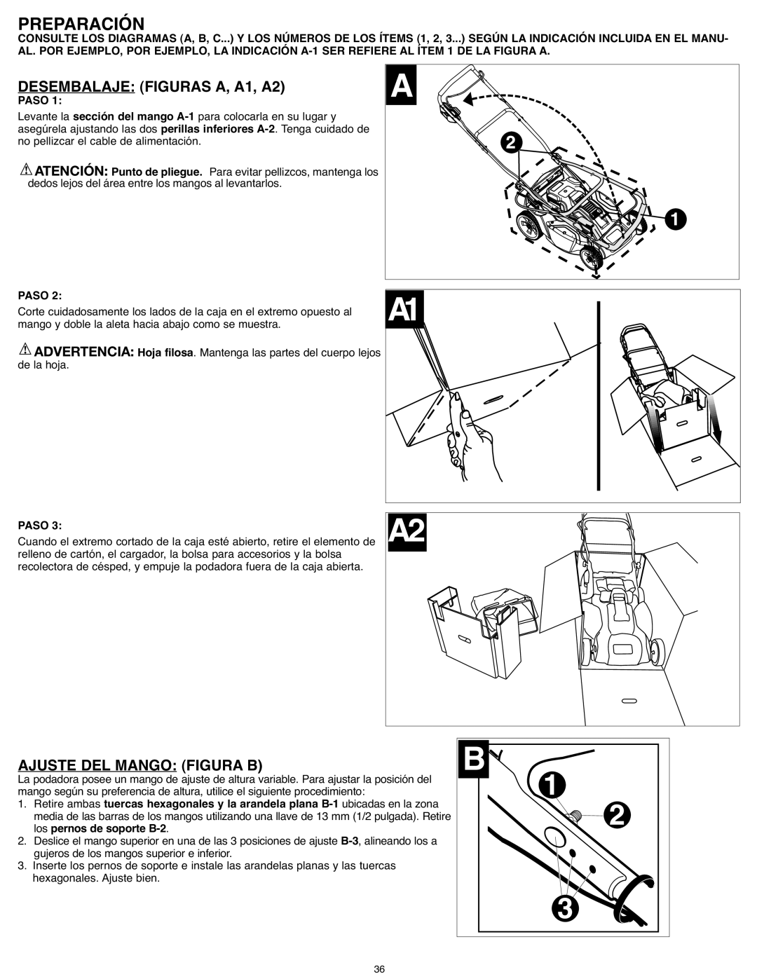 Black & Decker CM1936R instruction manual Preparación, Desembalaje Figuras A, A1, A2, Ajuste DEL Mango Figura B, Paso 