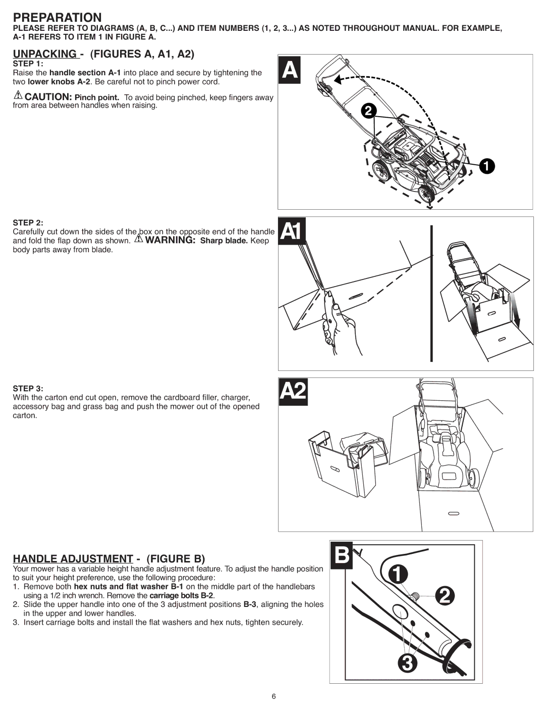 Black & Decker CM1936R Preparation, Unpacking Figures A, A1, A2, Handle Adjustment Figure B, Handle section A-1, Step 