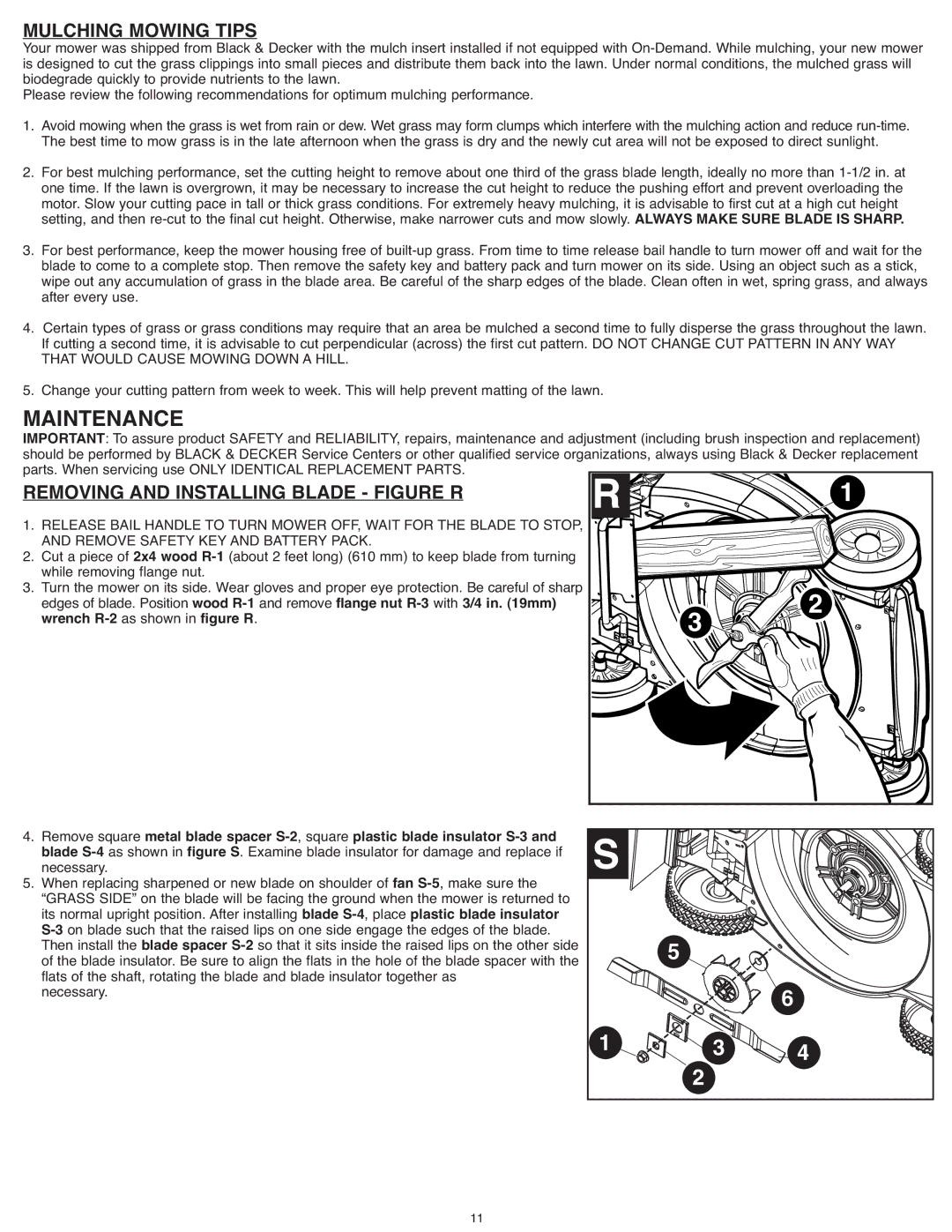 Black & Decker CM1936ZF2 instruction manual Maintenance, Mulching Mowing Tips, Removing and Installing Blade Figure R 