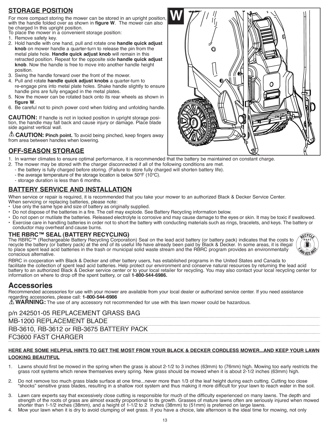 Black & Decker CM1936ZF2 instruction manual Storage Position, OFF-SEASON Storage, Battery Service and Installation 