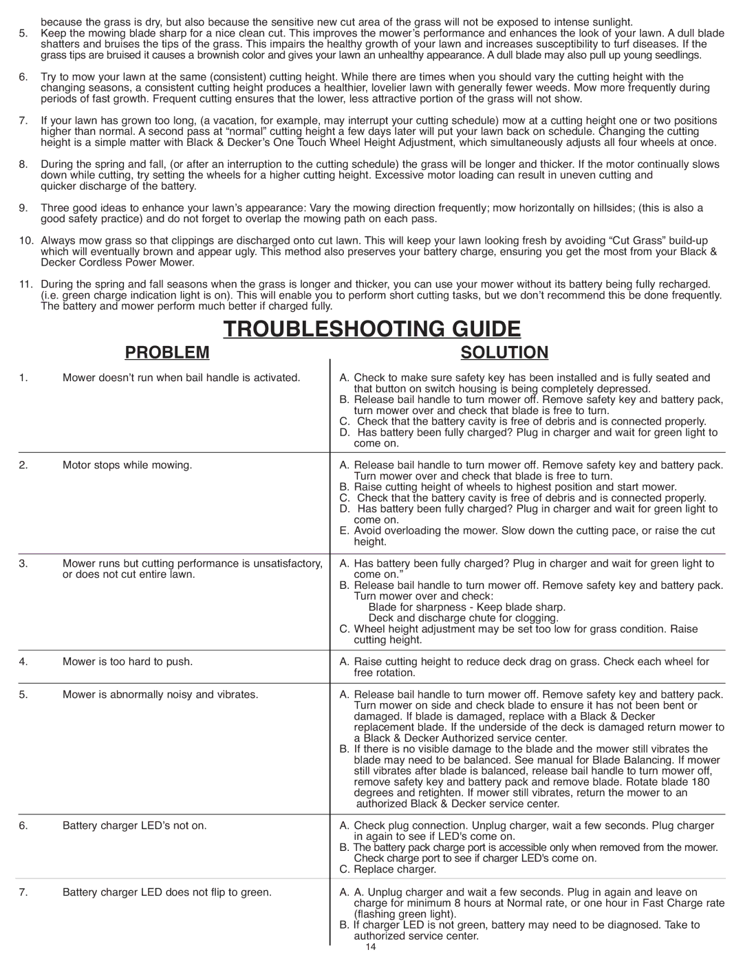 Black & Decker CM1936ZF2 instruction manual Problem Solution, Battery and mower perform much better if charged fully 