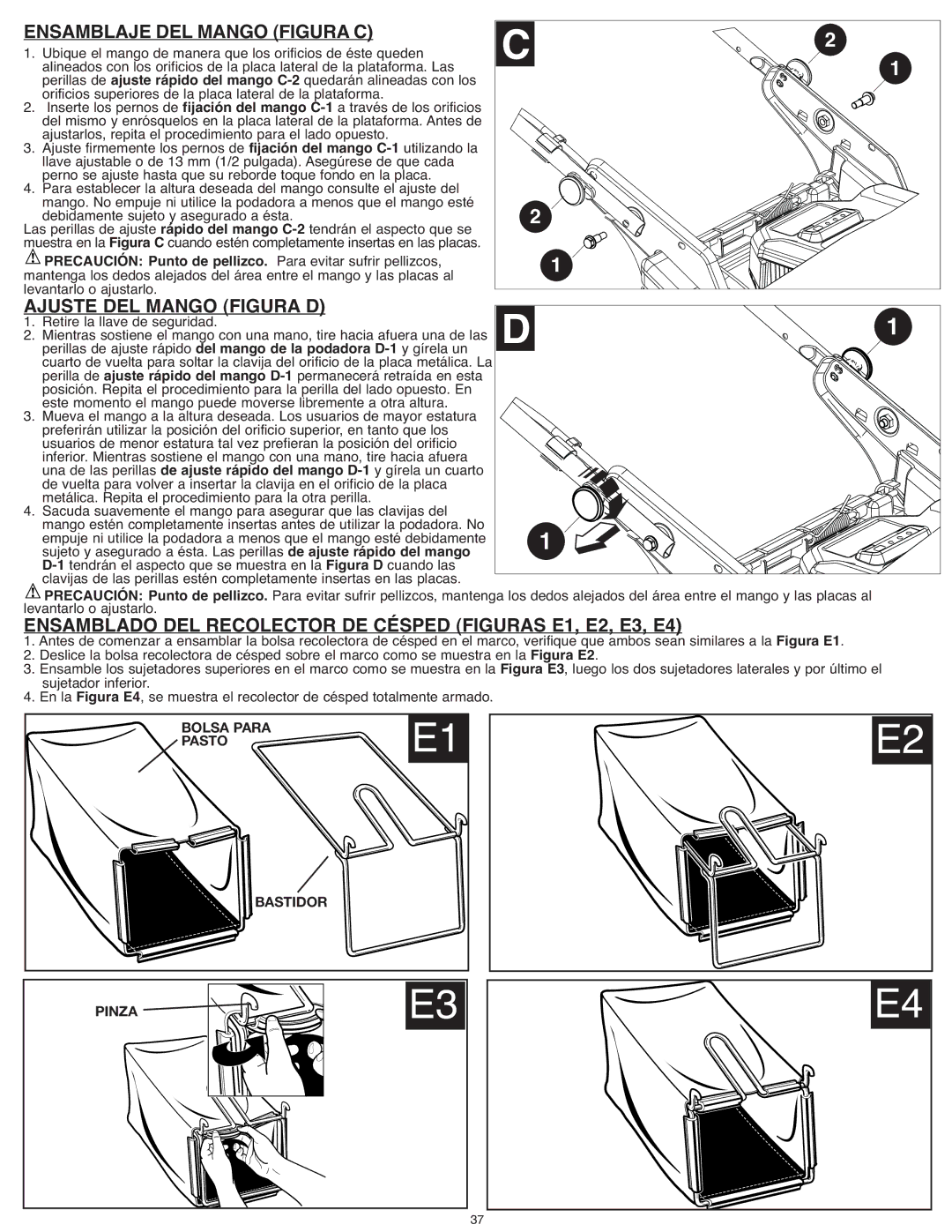 Black & Decker CM1936ZF2 instruction manual Ensamblaje DEL Mango Figura C, Ajuste DEL Mango Figura D 