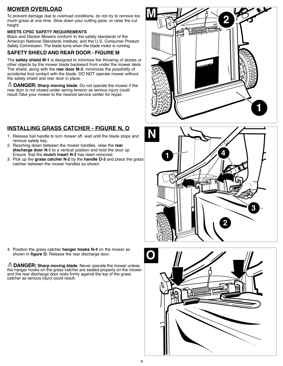 Black & Decker CM1936ZF2 Mower Overload, Installing Grass Catcher Figure N, O, Safety Shield and Rear Door Figure M 