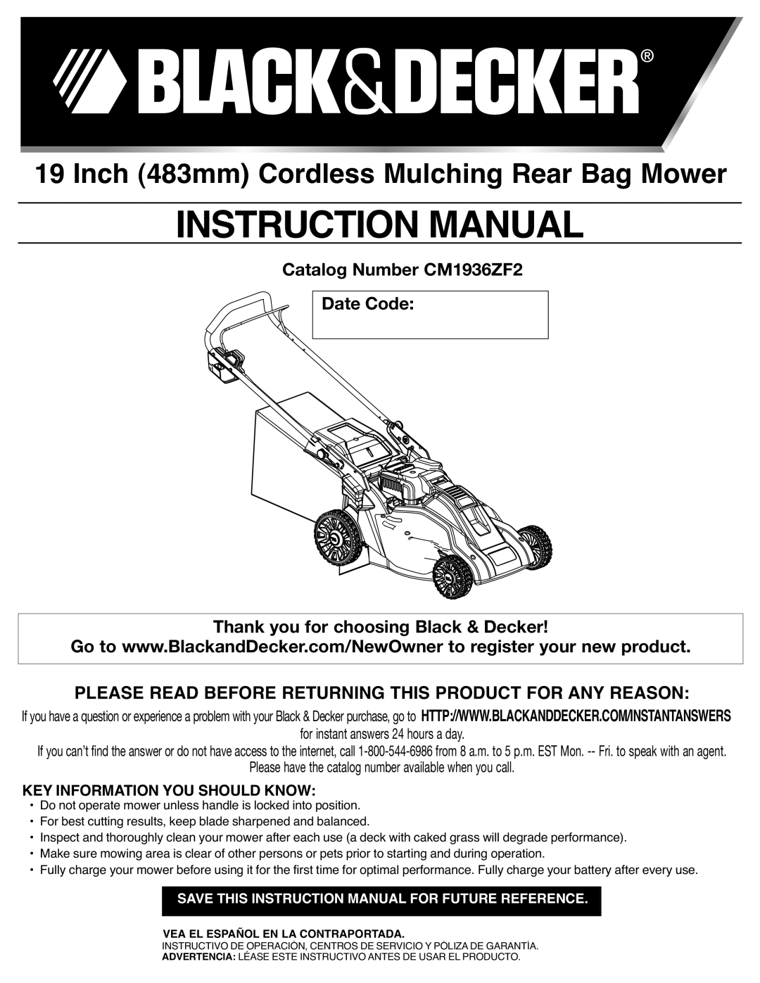 Black & Decker CM1936ZF2 instruction manual Instructionmanual, Inch 483mm Cordless Mulching Rear Bag Mower 