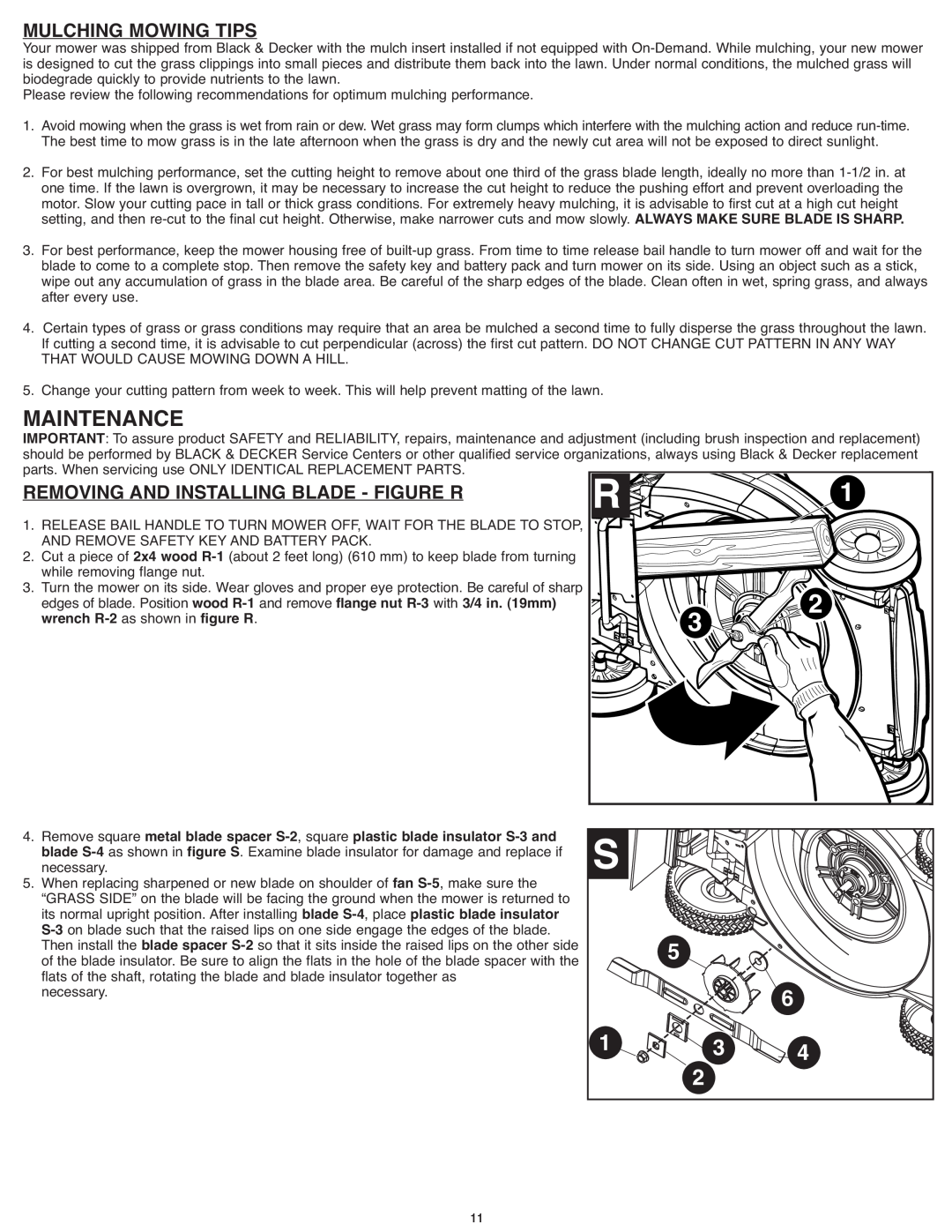 Black & Decker CM1936ZF2 instruction manual Maintenance, Mulching Mowing Tips, Removing And Installing Blade - Figure R 
