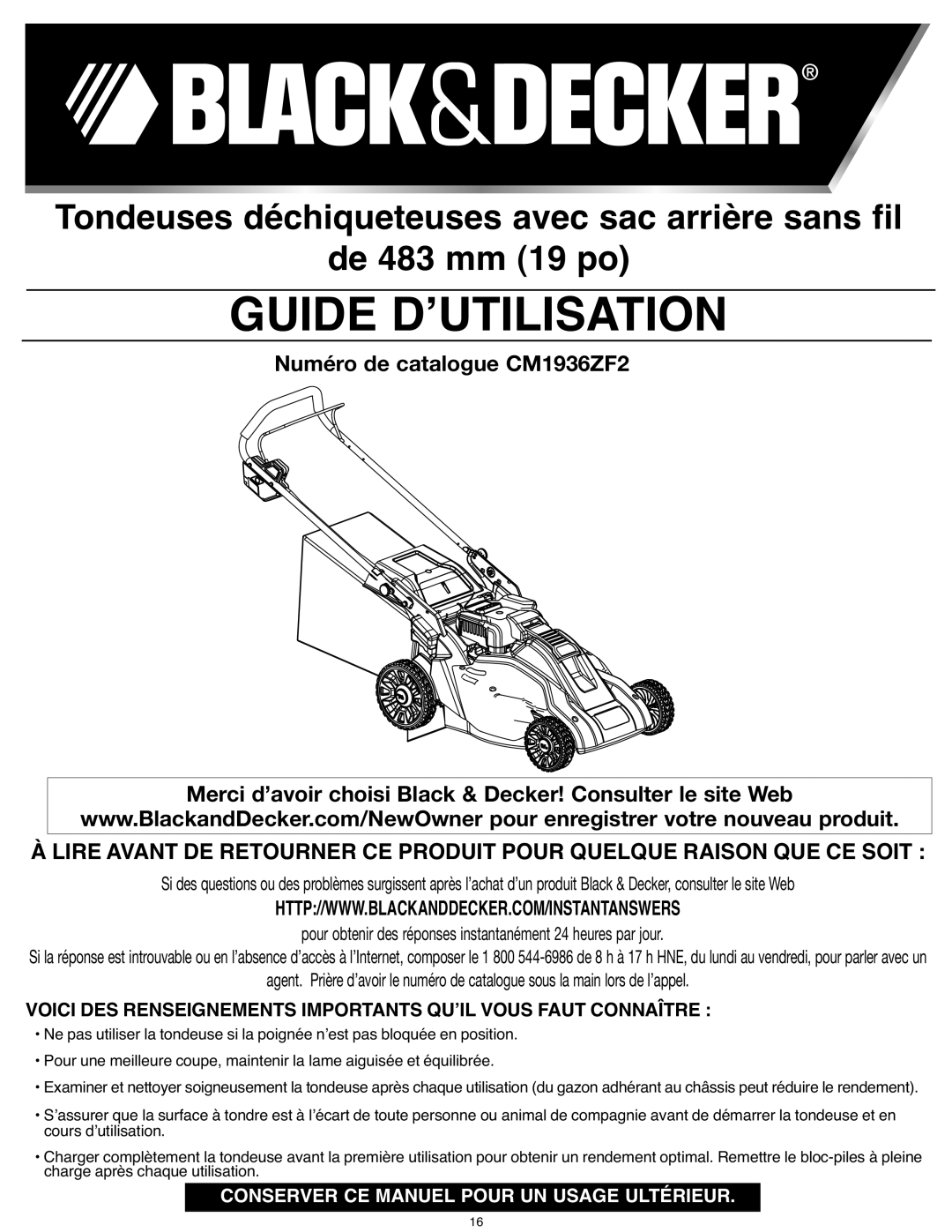 Black & Decker instruction manual Guide Dʼutilisation, de 483 mm 19 po, Numéro de catalogue CM1936ZF2 