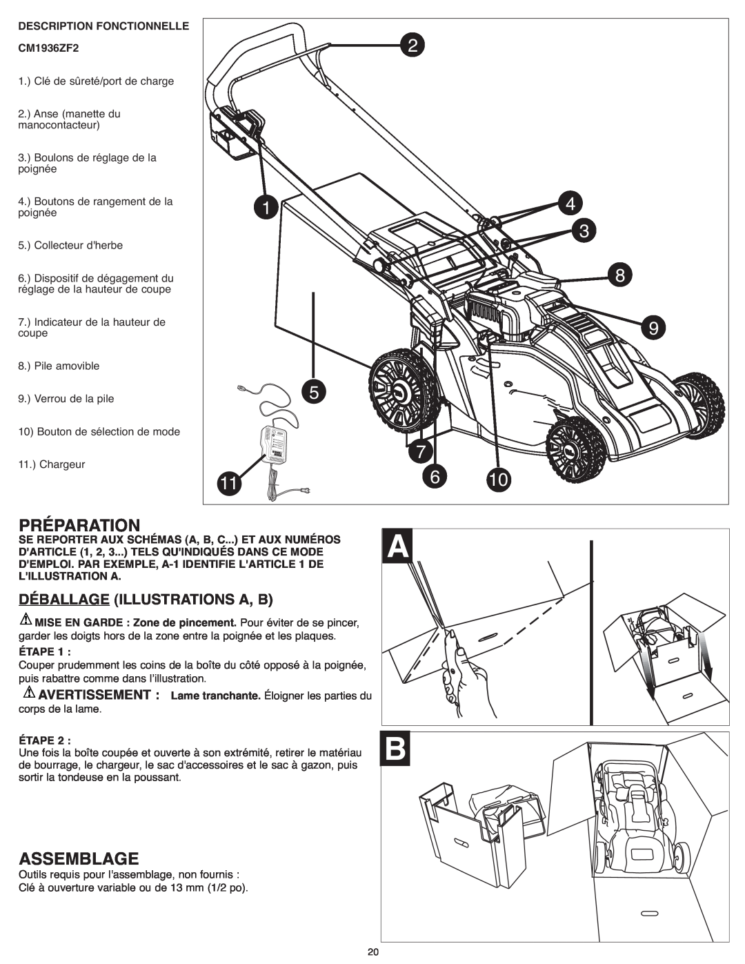 Black & Decker CM1936ZF2 instruction manual Préparation, Assemblage, Déballageillustrations A, B 