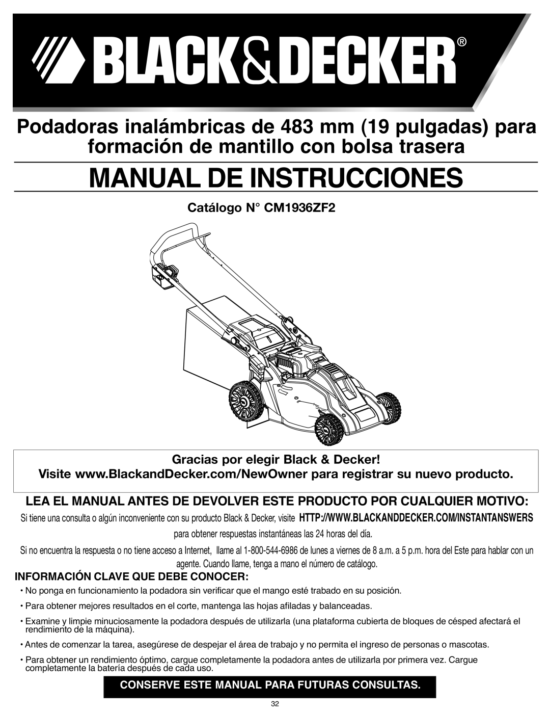 Black & Decker Manual De Instrucciones, Podadoras inalámbricas de 483 mm 19 pulgadas para, Catálogo N CM1936ZF2 