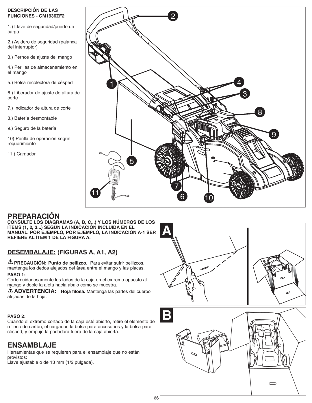 Black & Decker CM1936ZF2 instruction manual Preparación, Ensamblaje, DESEMBALAJE:FIGURAS A, A1, A2 