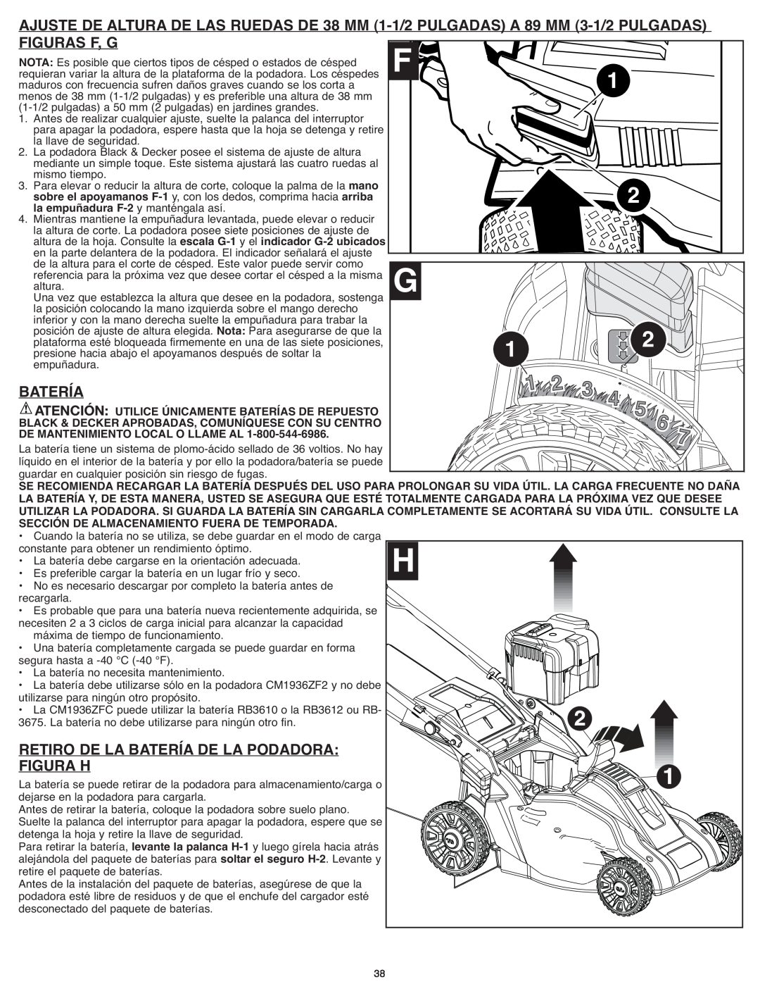 Black & Decker CM1936ZF2 instruction manual Figuras F, G, Retiro De La Batería De La Podadora, Figura H 