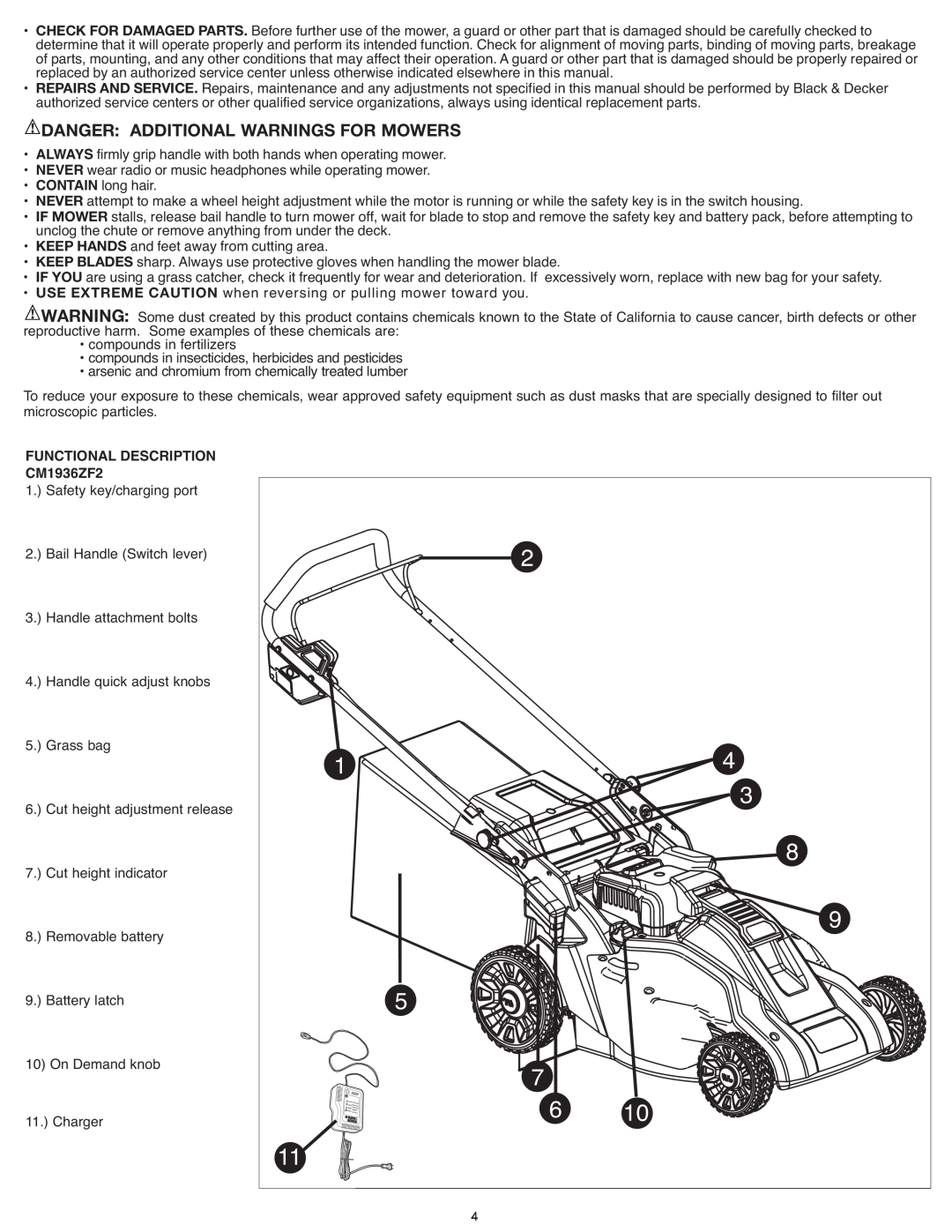 Black & Decker instruction manual Danger Additional Warnings For Mowers, FUNCTIONAL DESCRIPTION CM1936ZF2 