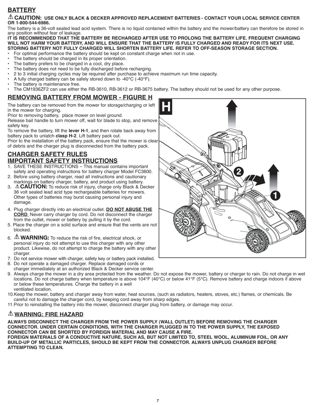 Black & Decker CM1936ZF2 Removing Battery From Mower - Figure H, Charger Safety Rules, Important Safety Instructions 