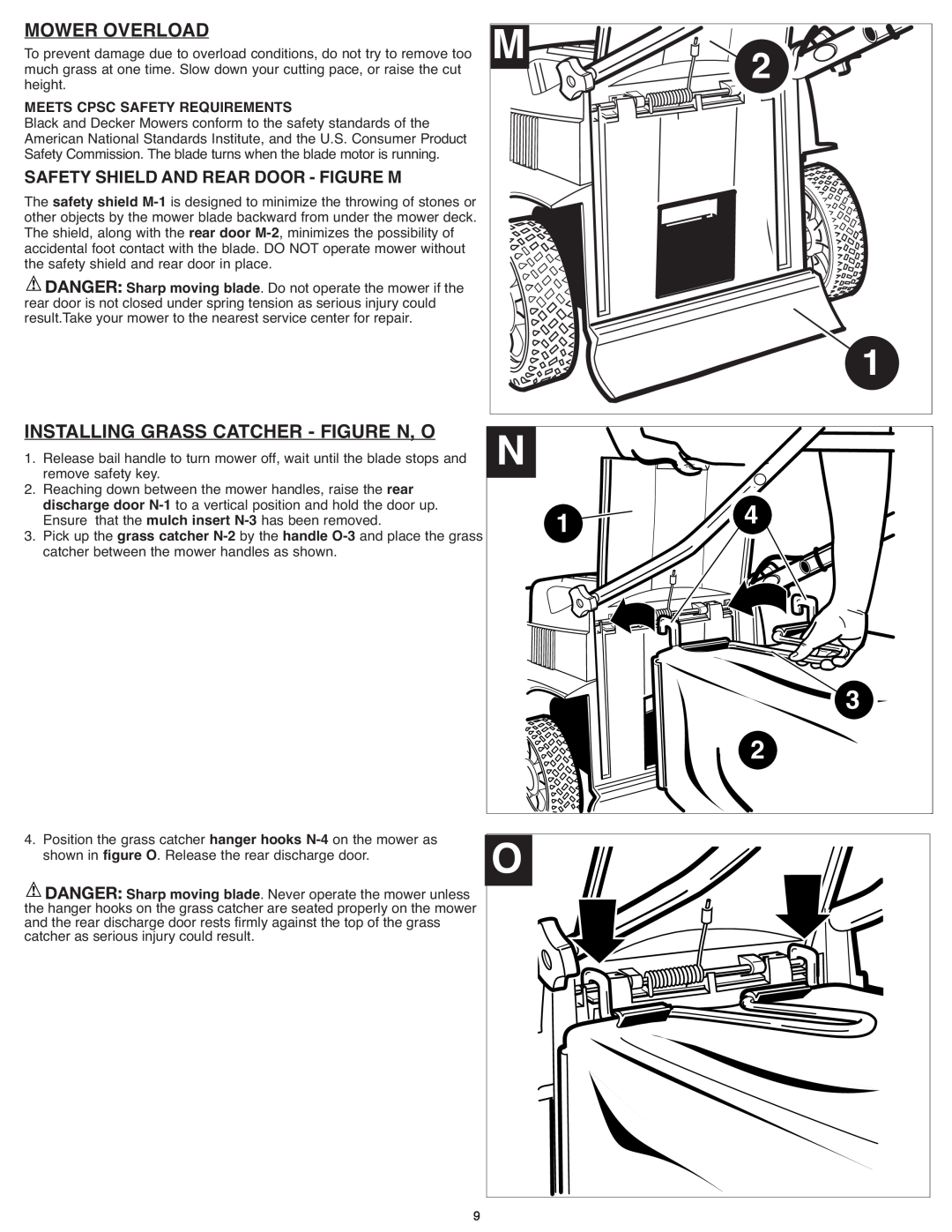 Black & Decker CM1936ZF2 Mower Overload, Installing Grass Catcher - Figure N, O, Safety Shield And Rear Door - Figure M 