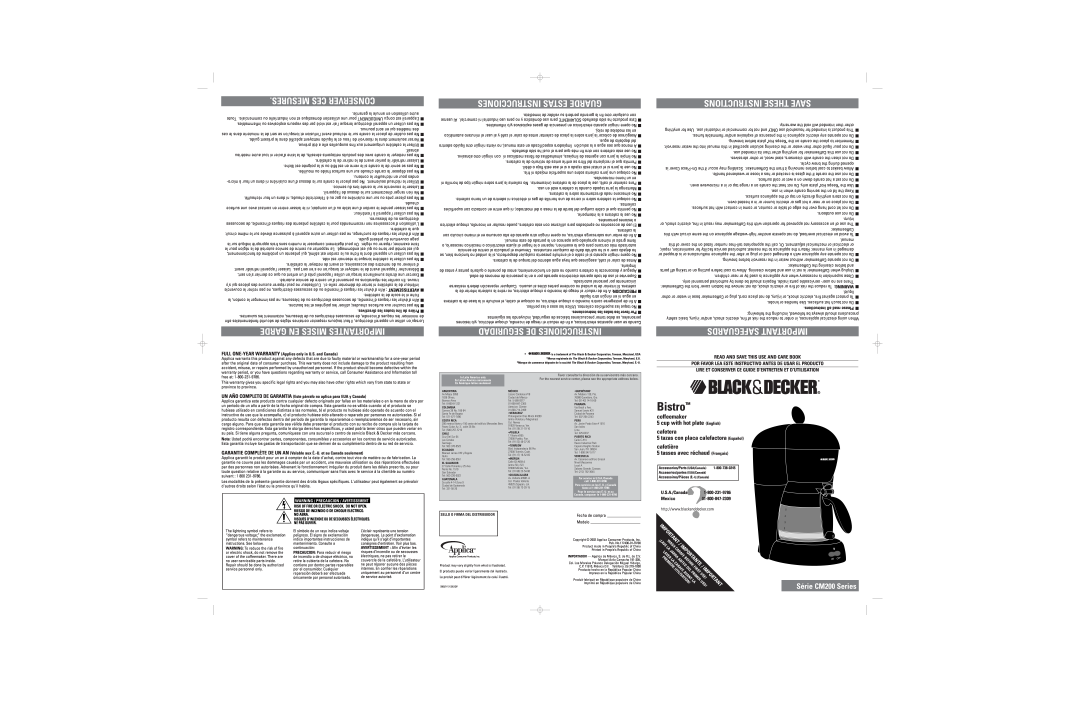 Black & Decker CM200 warranty Mesures Ces Conserver, Garde En Mises Importantes, Instrucciones Estas Guarde, Bistro, ¡Lave 