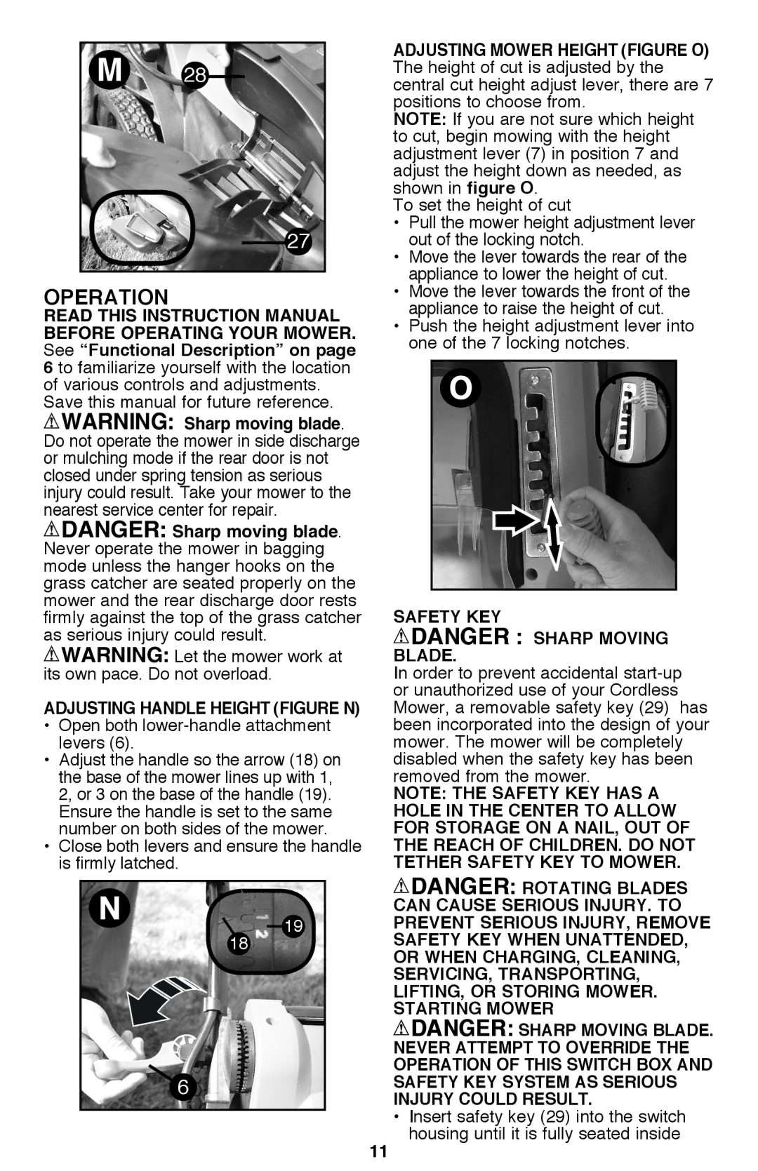 Black & Decker CM2040 instruction manual Operation, Adjusting Handle Height Figure N, Safety KEY, Blade 