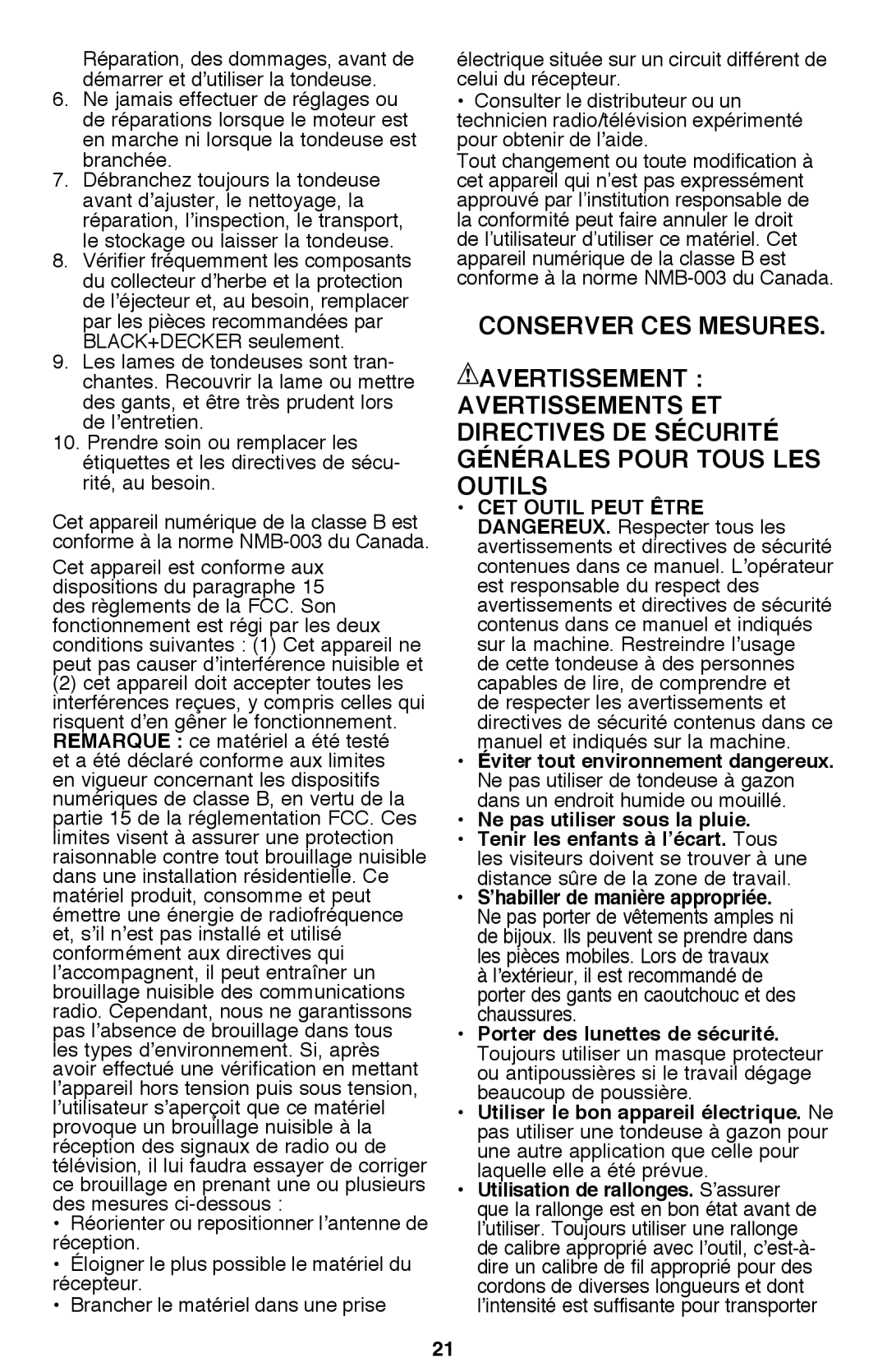 Black & Decker CM2040 instruction manual Conserver ces mesures 