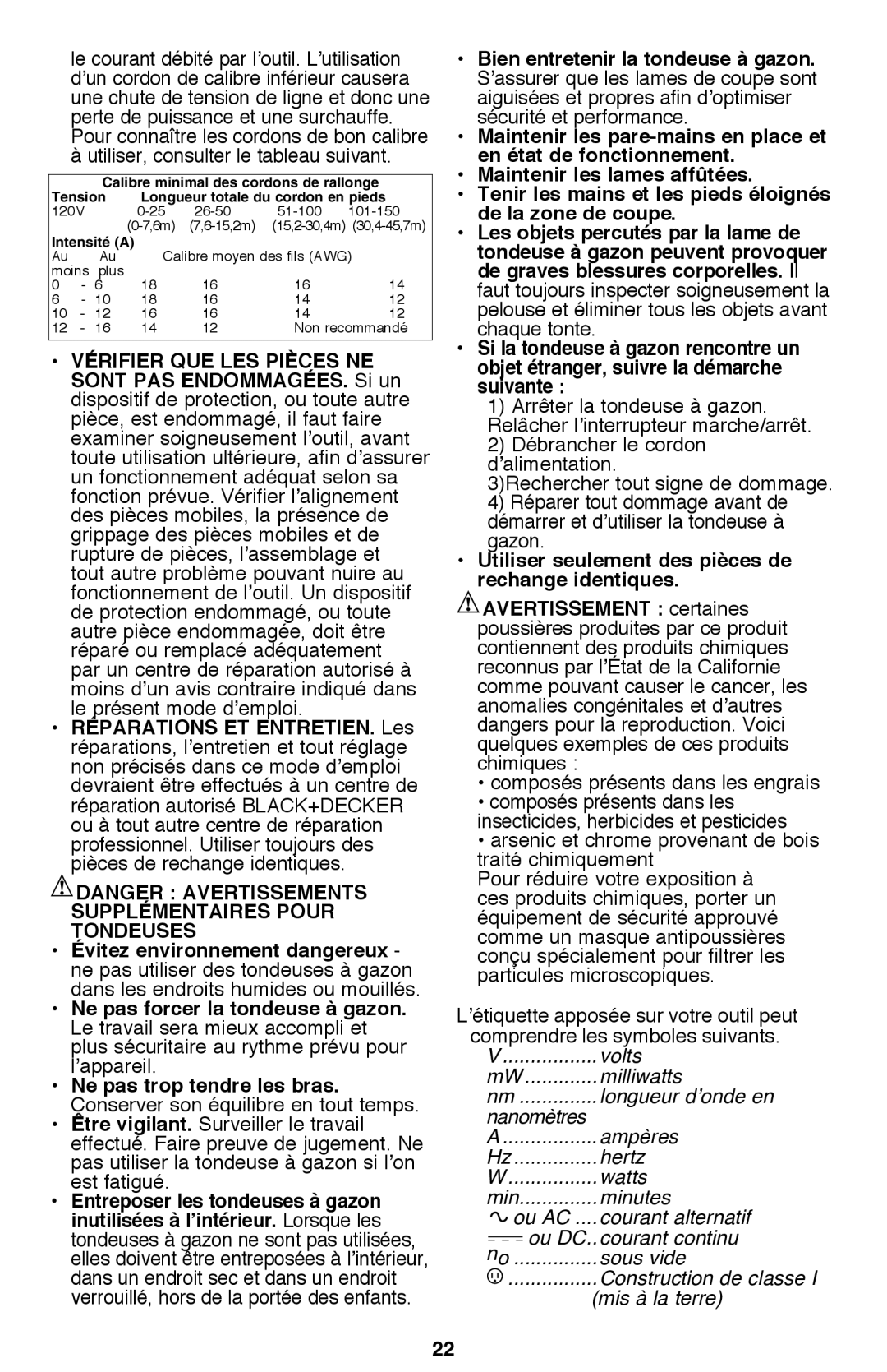 Black & Decker CM2040 instruction manual Supplémentaires Pour Tondeuses, Bien entretenir la tondeuse à gazon 